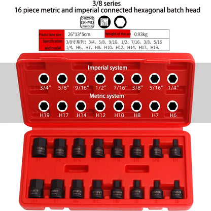 3/8 Inch Drive Low Profile Impact Hex Driver Set SAE/Metric 1/4-3/4 Inch 6-19mm Cr-Mo Steel One-Piece Construction Hand Tool