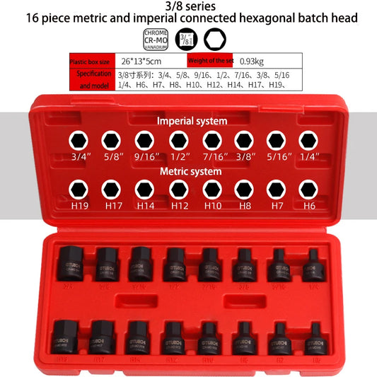 3/8 Inch Drive Low Profile Impact Hex Driver Set SAE/Metric 1/4-3/4 Inch 6-19mm Cr-Mo Steel One-Piece Construction Hand Tool