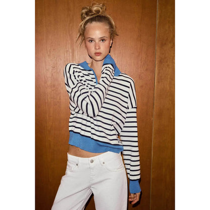 Spring Summer New Women's Knitted Stripe  Shirt Versatile ZR Style Fashion Classic Business Casual Long Sleeve Polyester