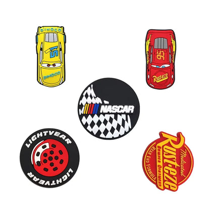 MIX 6pcs Motorsport Inspired Fall F/W PVC Shoes Charms Miniso Cars Slippers Buckle Decorations Fit Boys Birthday Xmas Gifts
