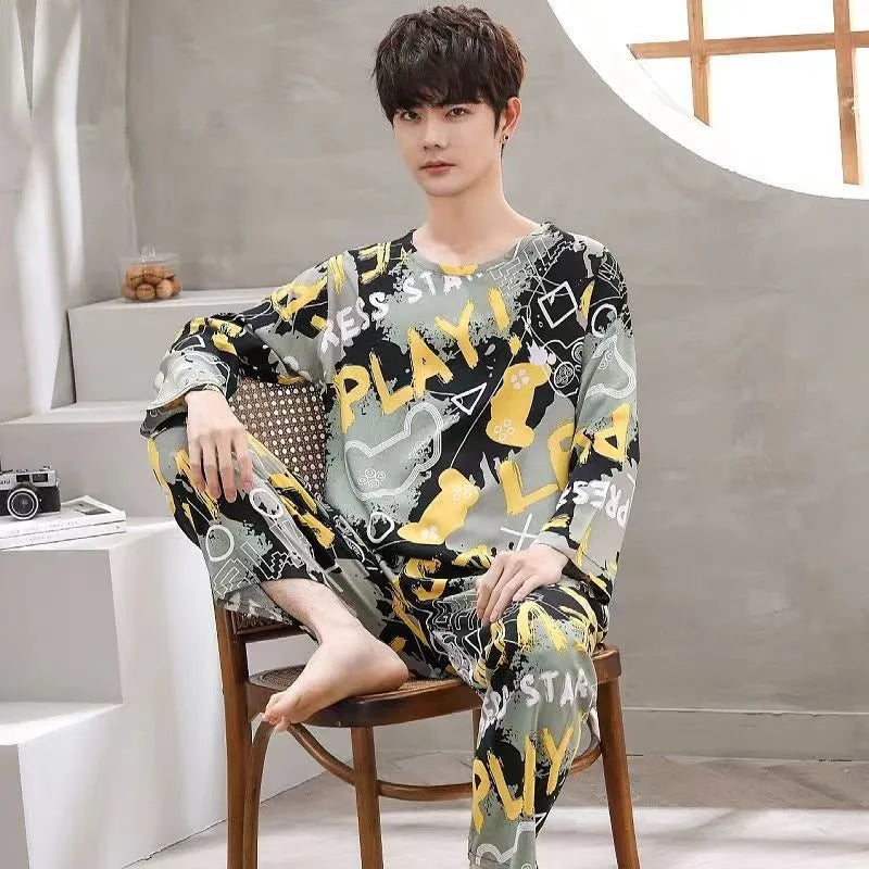 Men‘s Pajama Set Long Sleeve Black Striped Fall and Winter Youth Student Nightwear Loungewear Two Piece Set Sleepwear Homewear