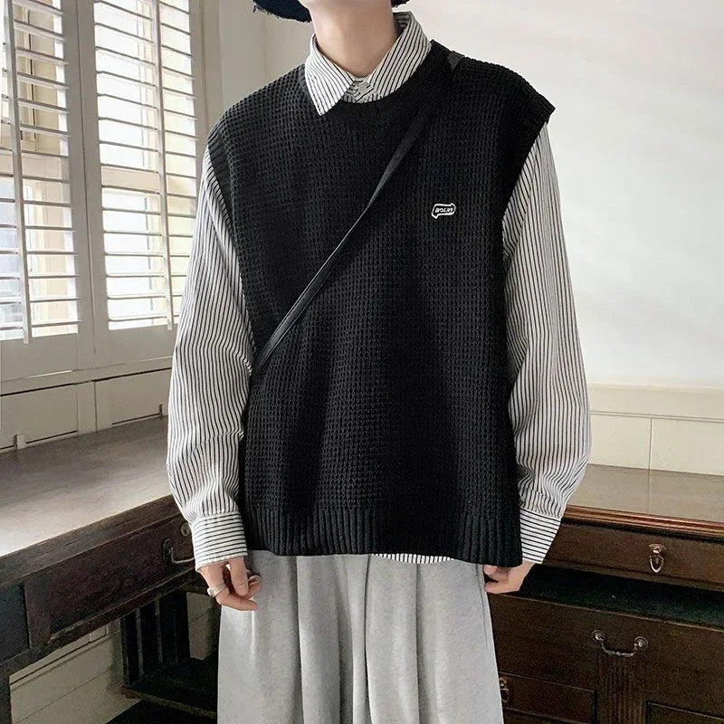 Knitted Sweaters for Men Hippie Black Vest Crewneck Man Clothes Waistcoat Round Collar Sleeveless Warm New in S Over Fit Knit X
