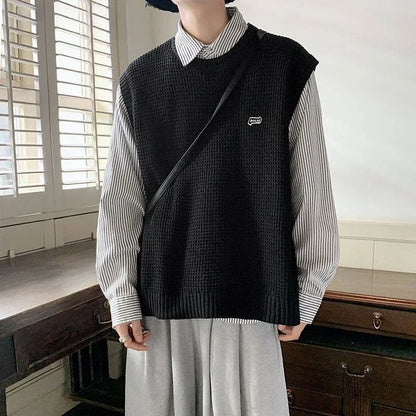 Knitted Sweaters for Men Hippie Black Vest Crewneck Man Clothes Waistcoat Round Collar Sleeveless Warm New in S Over Fit Knit X