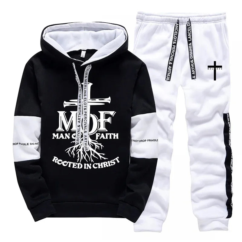 Man of Faith Hoodies Sweatpants Men's Tracksuit Autumn Winter Daily Casual Sporty Jogging Suit Urban Fashion Christ Jesus Outfit