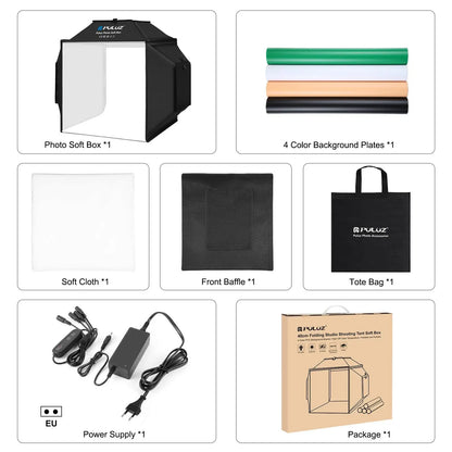 PULUZ 40cm Folding 72W 5500K Studio Shooting Tent Soft Box Photography Lighting Kit with 4 Colors Backdrops LED Photo Softbox