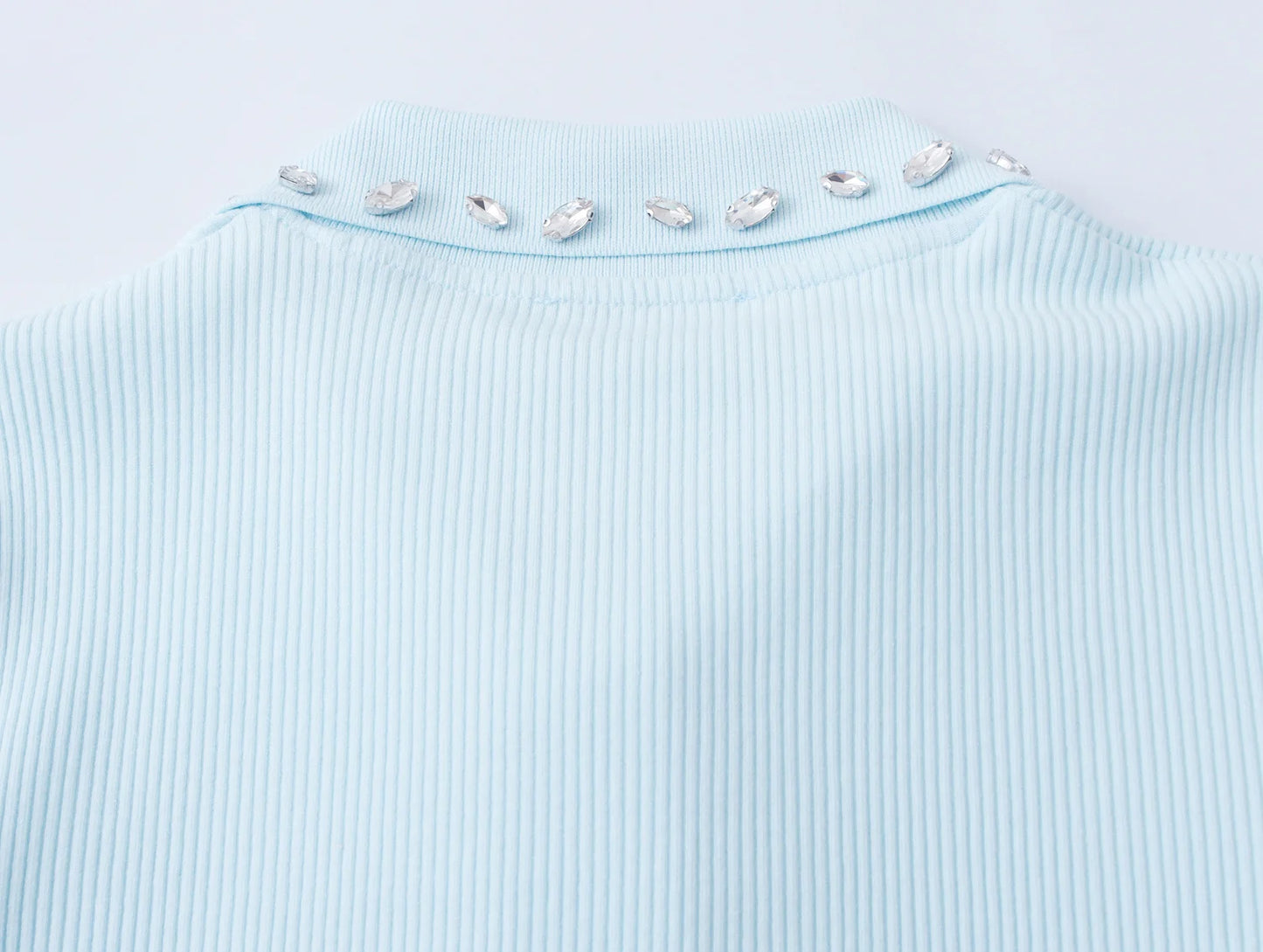 Retro American Diamond Embedded Short Sleeve Knitted T-shirt Women's Sweet Anti-aging Top Jewelry Collar Turn-down Collar