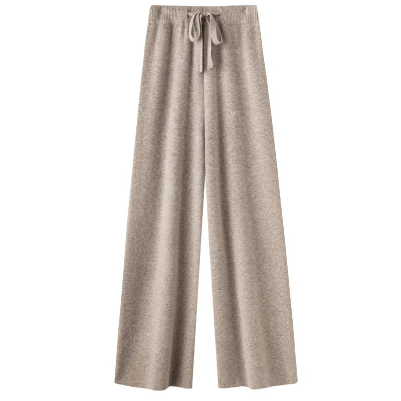 High Waist Wool Knitted Wide Leg Pants Women's Outerwear Autumn Winter Thickened Floor-Length Straight Cut Casual Trousers