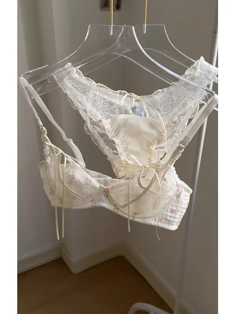 YUQI Kawaii Lace Bralette Set Japanese Floral Mesh Underwear Summer Ultra-Thin Lace-Up Cutout Romantic Bra 2024 New Kawaii set