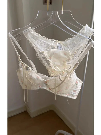 YUQI Kawaii Lace Bralette Set Japanese Floral Mesh Underwear Summer Ultra-Thin Lace-Up Cutout Romantic Bra 2024 New Kawaii set