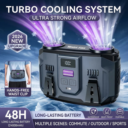 2026 New Upgrade 24000mAh Portable Waist Fan Rechargeable Personal Cooling Belt Clip Fan 100-Speed 20000RPM Dual Motors