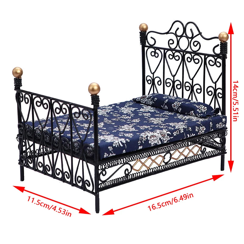 1:12 Dollhouse Mini Single/Double Bed Home Bedroom Furniture Toy Gift Living Room Furniture Model Beautiful Handmade Iron Toy