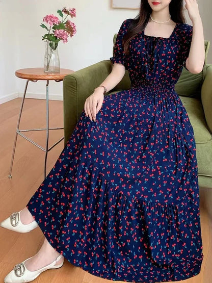 Summer New Cotton Silk Floral Print Maxi Dr ort Sve Beachwear High Waist Young Women's Large Skirt Swing Dr