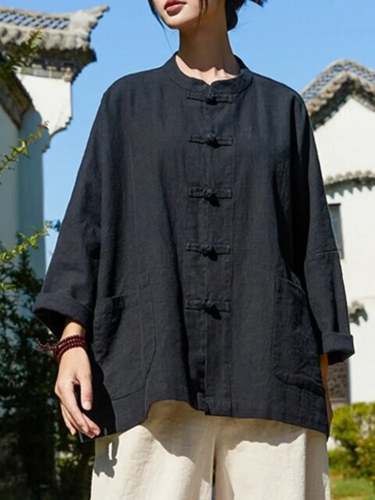 Retro Chinese Cotton Linen Shirt Jacket Women Spring Zen Collar Button Long Sleeve Slimming Linen Outerwear Top