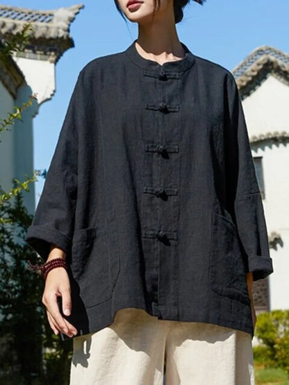 Retro Chinese Cotton Linen Shirt Jacket Women Spring Zen Collar Button Long Sleeve Slimming Linen Outerwear Top