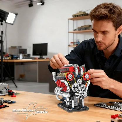 V8 Motorized Engine Building Block Assembly Model, Simulated Mechanical Craft Ornament, Creative Desktop Collectible Present