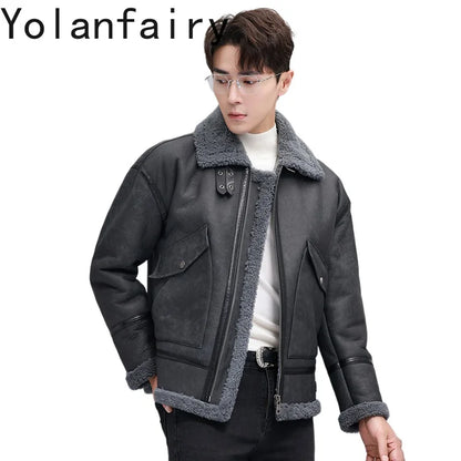 YOLANFAIRY Natural Sheepskin Shearling Coat Men Genuine Leather Jacket Warm Winter Real Lamb Fur Coats and Jackets Outerwear