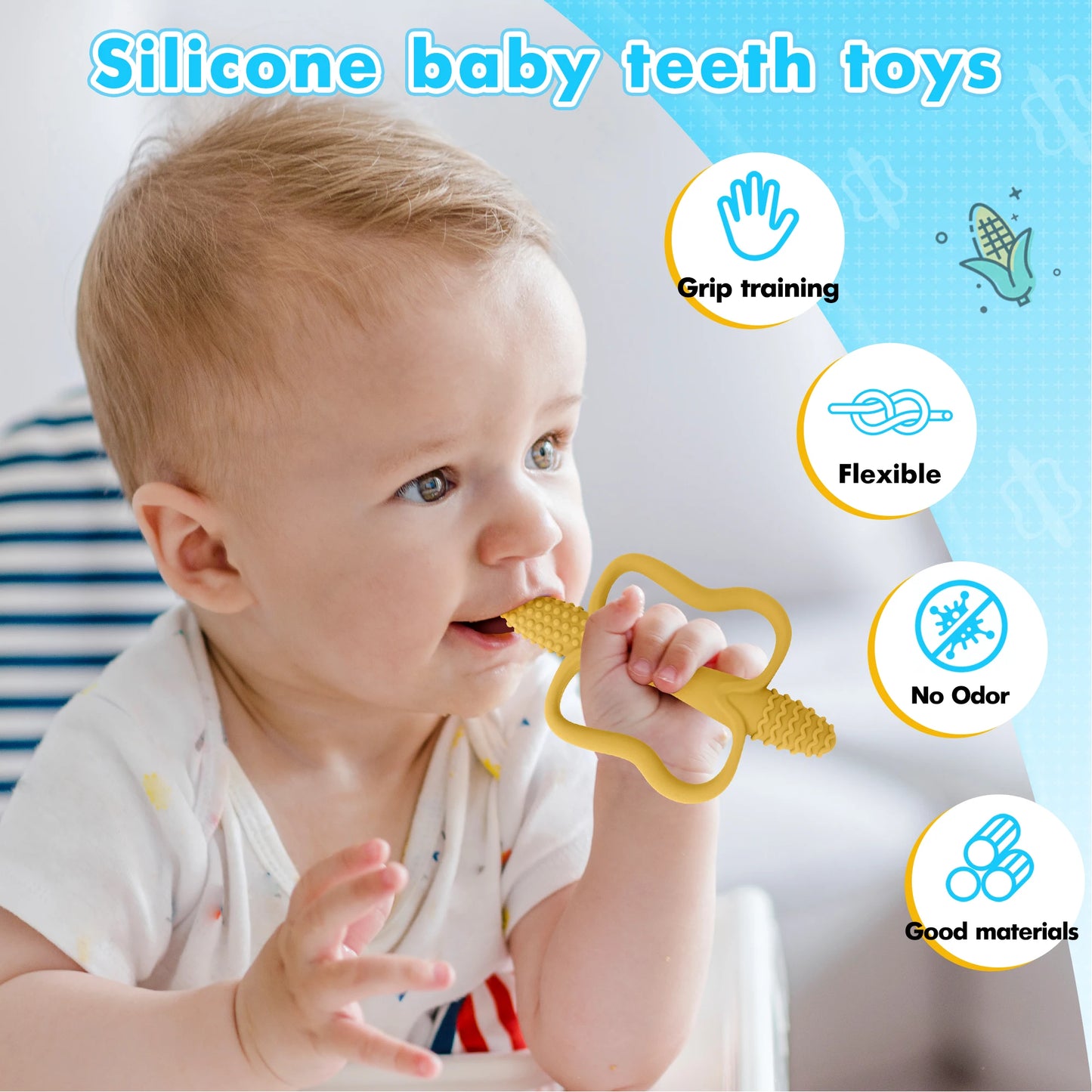 One-piece silicone teething stick with handle, baby toy teether, 6 colors, easy to grip, corn-shaped teether, BPA-free.