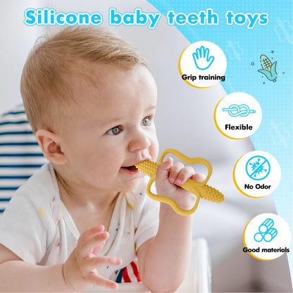 One-piece silicone teething stick with handle, baby toy teether, 6 colors, easy to grip, corn-shaped teether, BPA-free.