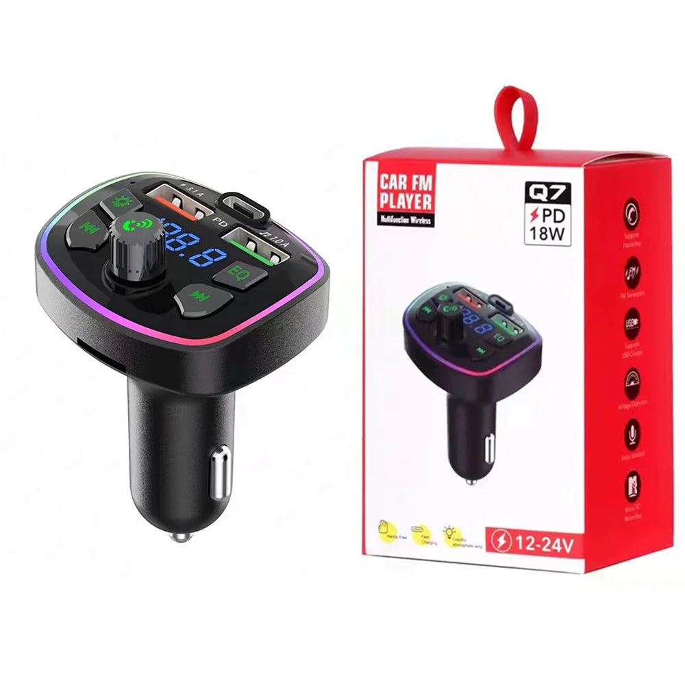 Car Bluetooth 5.0 FM Transmitter PD 18W Type-C Dual USB 4.2A Fast Charger LED Backlit Atmosphere Light MP3 Player Lossless Music