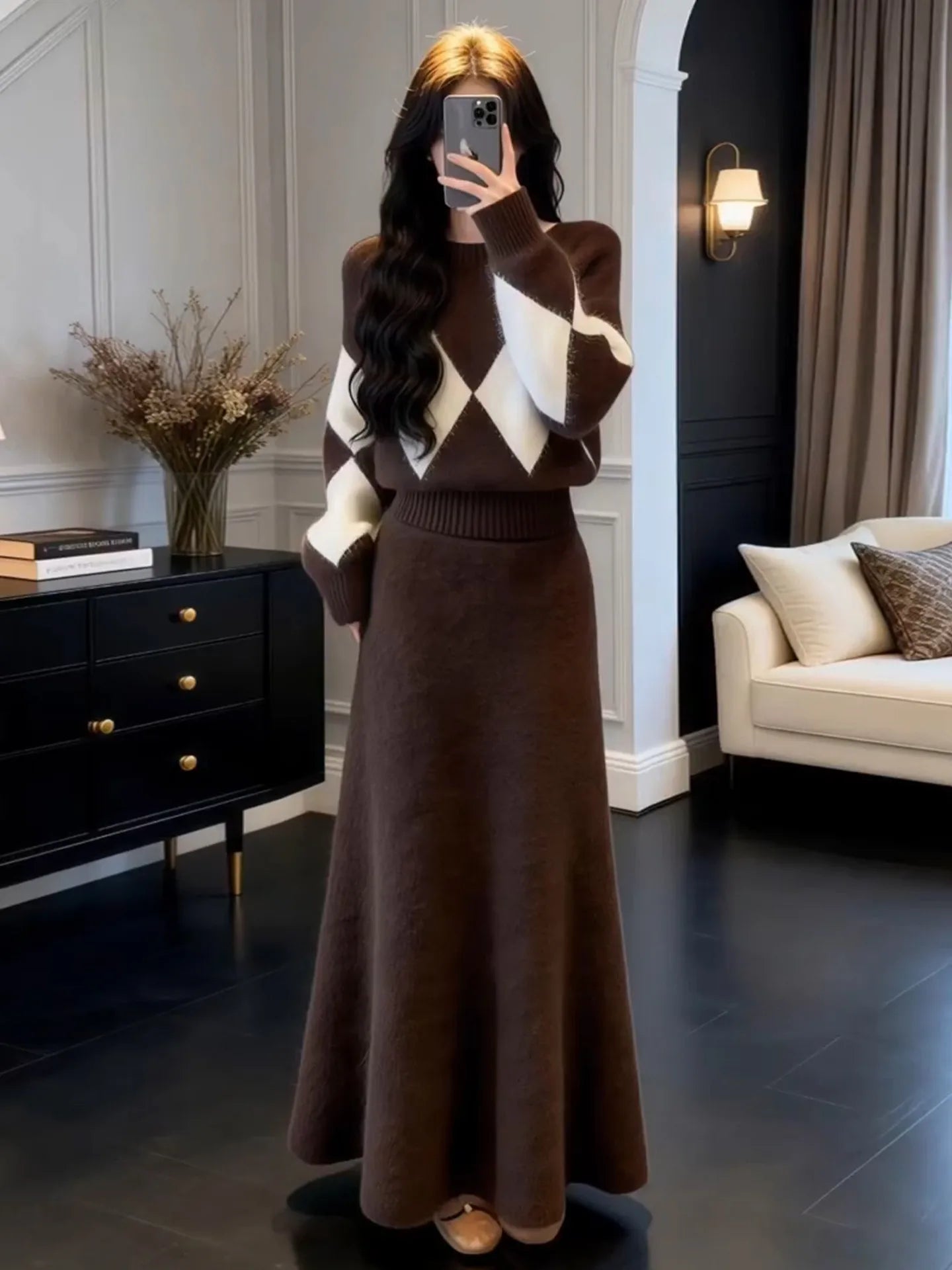 Women's Knitted Sweater Dress Winter 2026 New Style Inner Wear Diamond Pattern Two-Piece Set New Year's Robe Fashionable Ense...