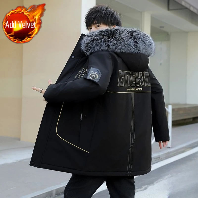 Men's Premium Hooded Long Coat Autumn Winter New Heavyweight Fleece Lined Warm Jacket Thickened Thermal Layering Design