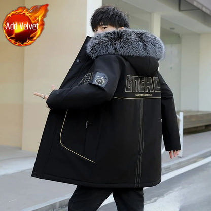 Men's Premium Hooded Long Coat Autumn Winter New Heavyweight Fleece Lined Warm Jacket Thickened Thermal Layering Design