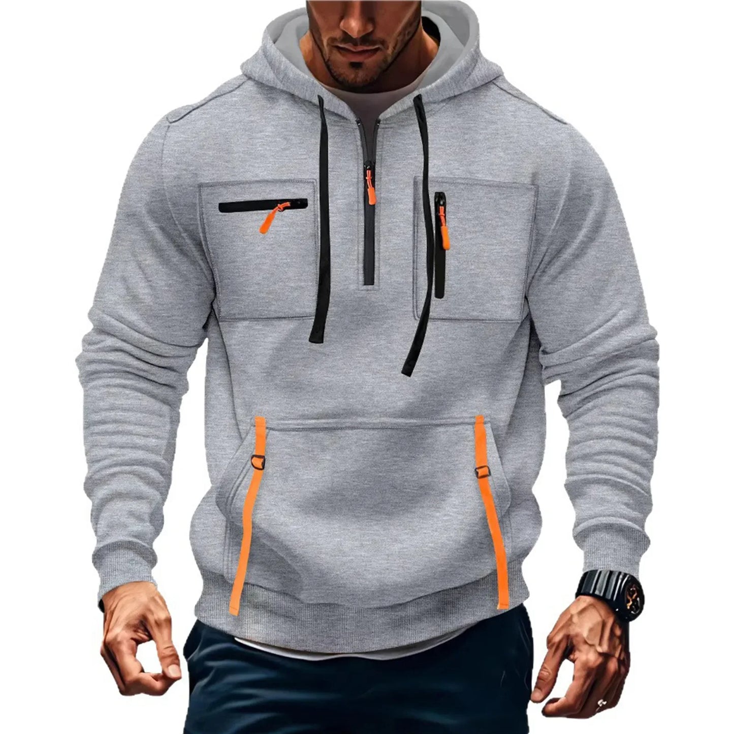 Men's Casual Sports Hoodie 2025 New Fashion Pocket Zipper Hooded Sweatshirt Solid Color Loose Coat Outdoor Running Streetwear