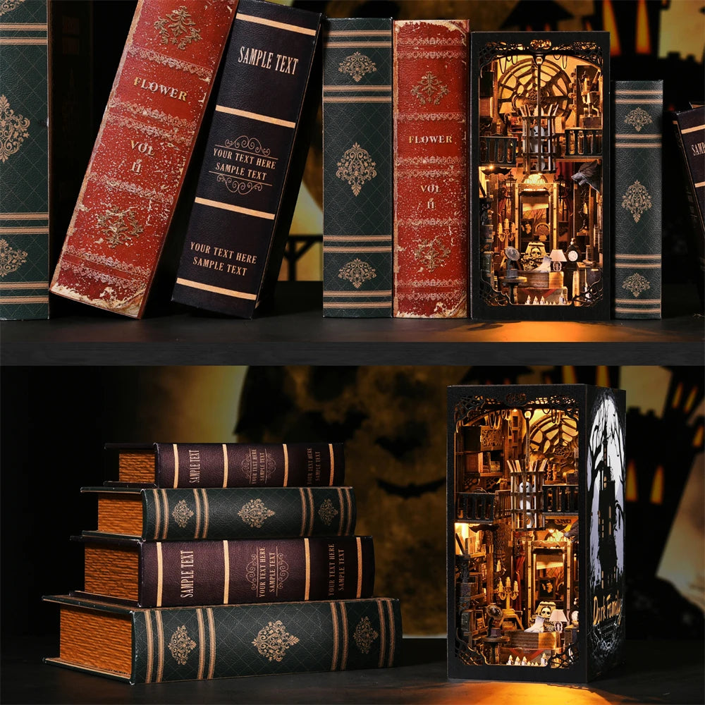 Book Nook Kit The Dark Family DIY Wooden Puzzle Gothic Style Halloween Bookshelf Dollhouse Model Bookend Building Home Dec