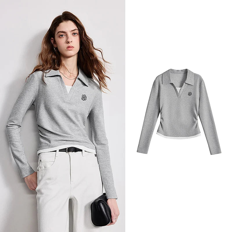 TOYOUTH Women Polo T-Shirt 2026 Spring New Contrast Color Fake Two-Piece Petite Waist-Slimming Slim Fit Top