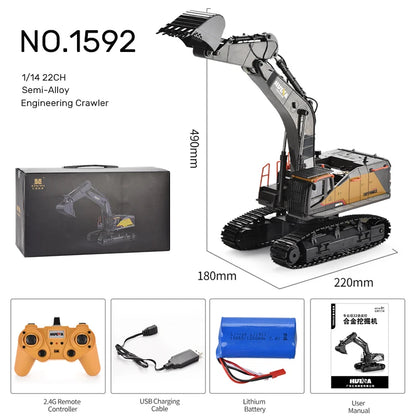 HUINA 1592 RC Excavator 1:14 Scale 22 Channels 2.4G Semi-Alloy Remote Control Engineering Crawler Tractor