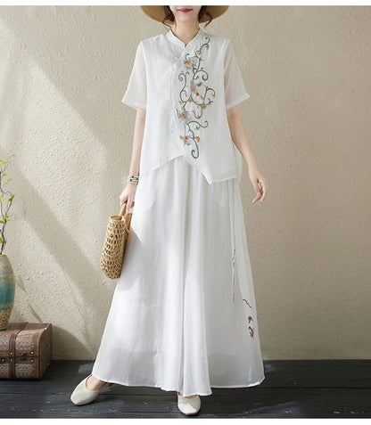 New National Style Heavy Embroidery  Set Women Summer Loose plus Size Fringed Wide Leg Pants Skirt Slimming Two Piece Set