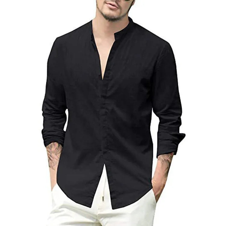 Men's 2026 Men's Linen Cardigan Solid Color Casual Stand-Up Collar Long Sleeve Shirt