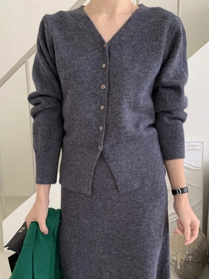 Autumn Winter V-Neck Single Button Knitted Cardigan Women's High Waist Wrap Body Skirt Korean Style Fashion Set High Quality