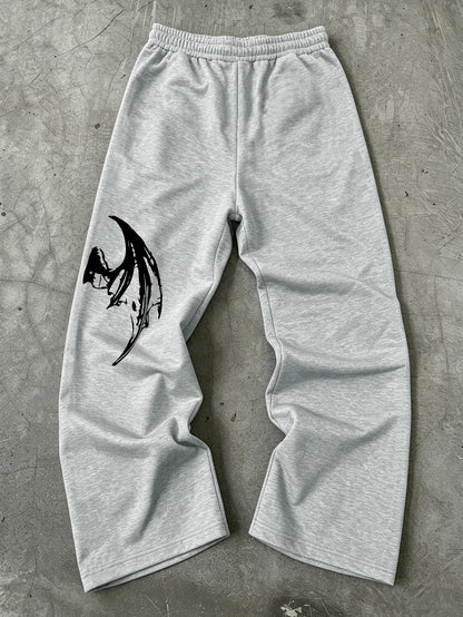 Mens Dark Gothic Spider Bat Wing Print Baggy Wide Leg Sweat Pants Loose Straight Drawstring Hip Hop Street Joggers