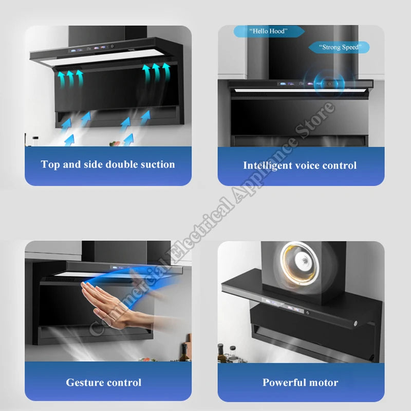 Range Hood With Voice and Waving Smart Control Low Noise Cookware Chimney Smart Sensor Kitchen Range Hood