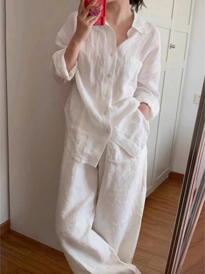 White Linen Cotton Blend Long Sleeve Shirt Women Summer Thin Loose Style Sun Protection Top Casual Commute Fashion  Collar