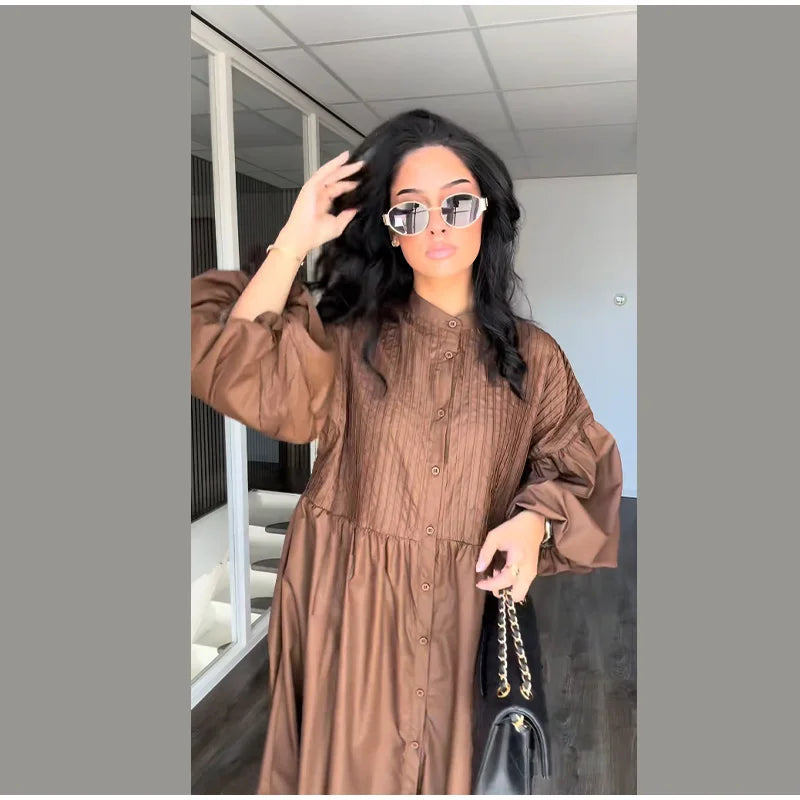 Casual Long Dress Women Solid Loose O Neck Single Breasted Full Lantern Sleeve High Waist Robe 2026 Spring Fashion Dresses Lady