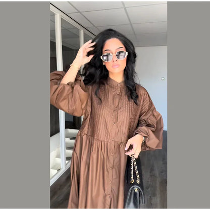 Casual Long Dress Women Solid Loose O Neck Single Breasted Full Lantern Sleeve High Waist Robe 2026 Spring Fashion Dresses Lady