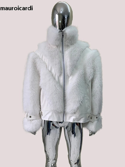 Mauroicardi Autumn Winter Short Thick Warm White Pu Leather Patchwork Faux Fur Coat Men Stand Collar Zip Up Fluffy Jacket 2025