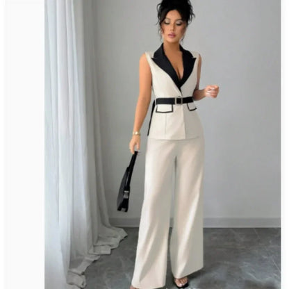 Women's Office Lady Ensemble Outfit Autumn Sleeveless Straight Leg Pants Set Classy Bandeau Elegant Style Top And Vest 2 Set