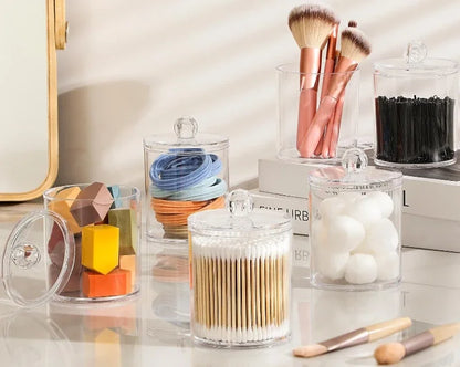 1pcs Cotton Swab Storage Box Acrylic Jar Makeup Organizer, Cotton Round Pad Holder, Q-tip Dispenser with Bamboo Lid