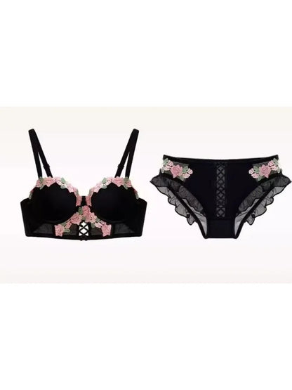 YUQI Vintage Floral Lingerie Set Cream Lace Bralette, Retro Push Up Bra for Small Bust Women Pure & Sensual Embroidered Wireless