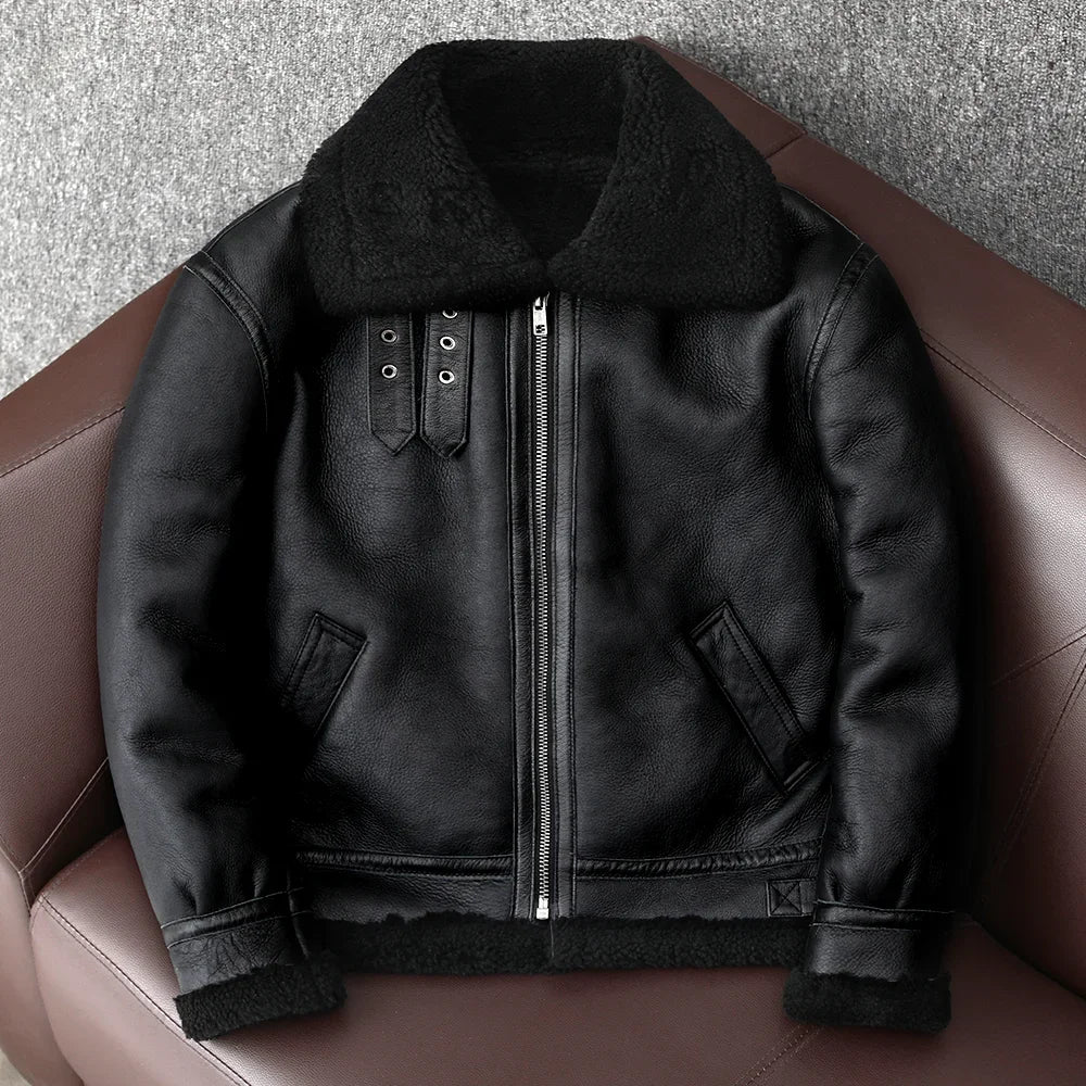 2025 Male Sheepskin Winter Aviator Genuine Leather Jacket Men's Bomber Flight Woolen Jackets Heavy Biker Parkas With Natural Fur