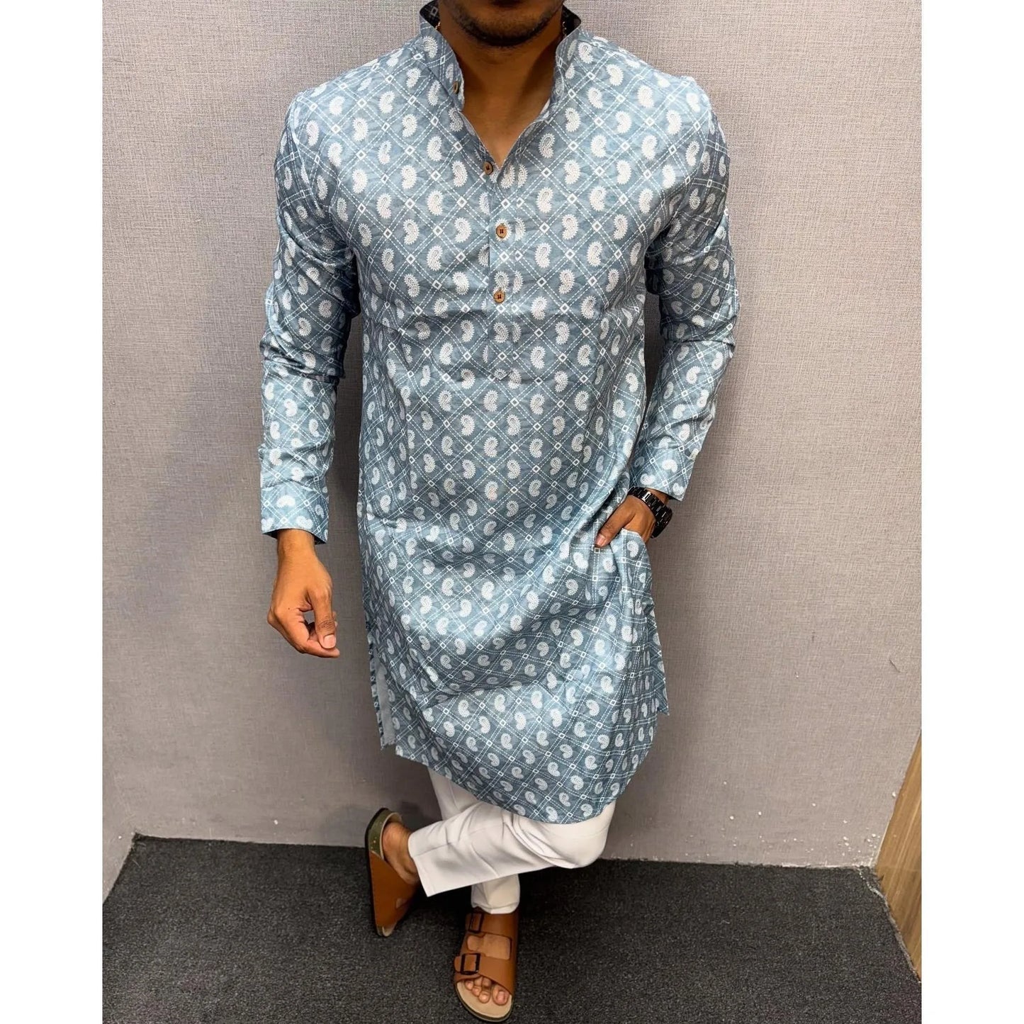 Kurta Vardha Regular Fit Mandarin Collar Long Suitable All Occasions Such Wedding Hari Raya Aidilfitri Gebetskleidung Mann