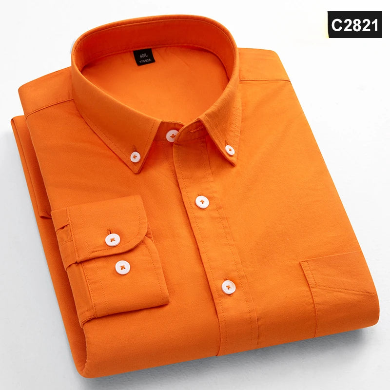 Classic Fit Fashion 100% Cotton Long-Sleeve Shirt for Men Single Pocket Slim Fit Casual Top Soft Oxford Solid Color Office Cloth