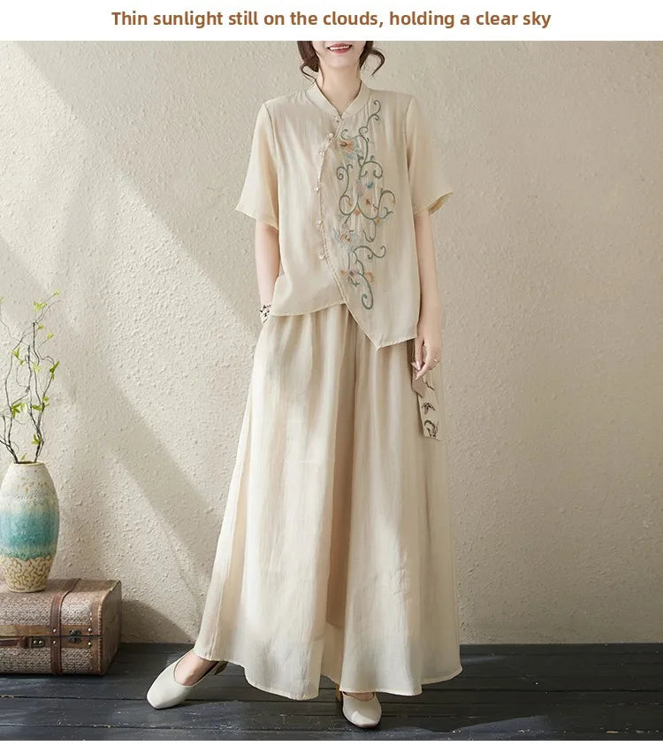 New National Style Heavy Embroidery  Set Women Summer Loose plus Size Fringed Wide Leg Pants Skirt Slimming Two Piece Set