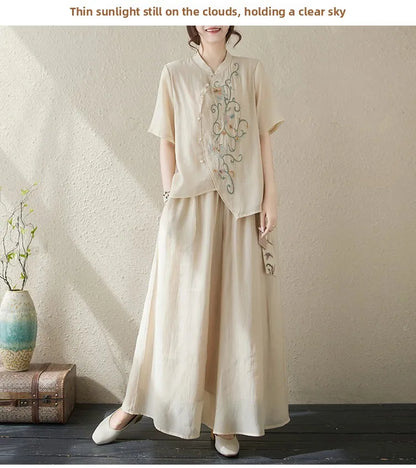 New National Style Heavy Embroidery  Set Women Summer Loose plus Size Fringed Wide Leg Pants Skirt Slimming Two Piece Set