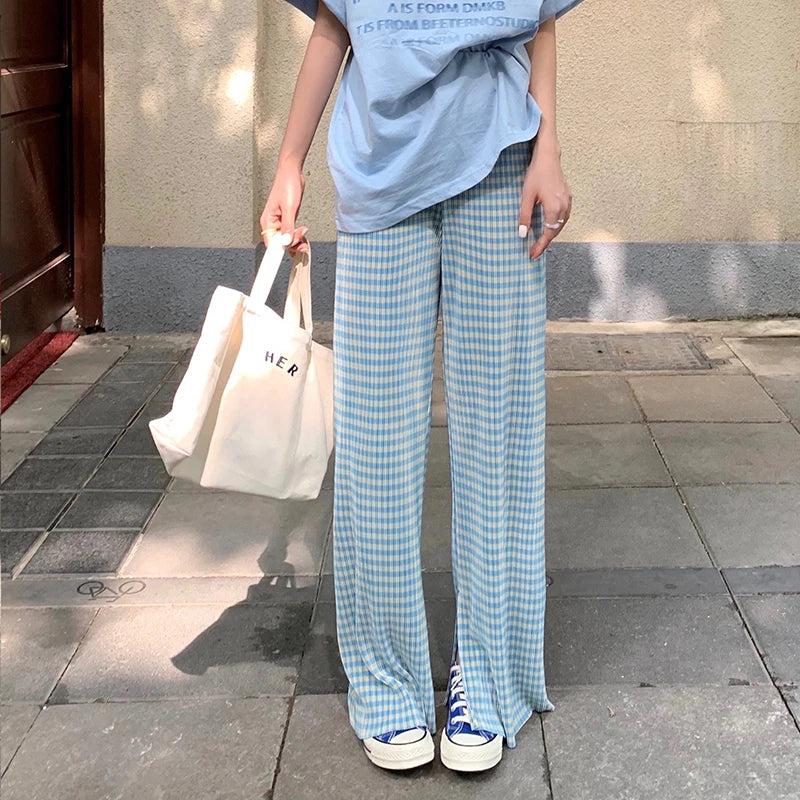 Summer Thin High Waist Casual Wide Leg Pants Women's Folded Texture Split Trousers Cool Korean Style Commute Polyester Cotton