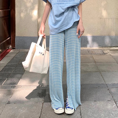 Summer Thin High Waist Casual Wide Leg Pants Women's Folded Texture Split Trousers Cool Korean Style Commute Polyester Cotton