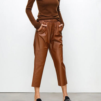 Genuine Leather Harem Pants Women Real Sheepskin Trousers High Elastic Waist 2026 New Streetwear Plus Size Pants Y2k Fashion